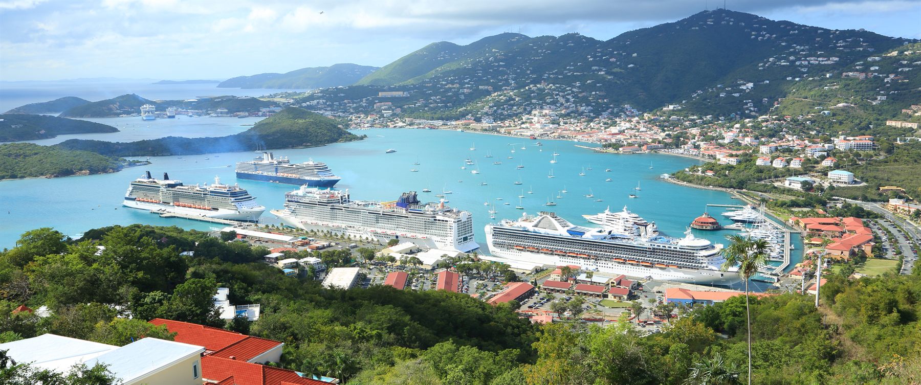 Cruise ships in the harbor below the green hillsides of St. Thomas, US Virgin Islands