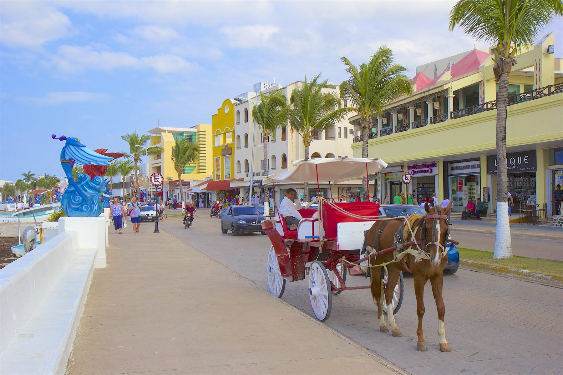 A horse-drawn carriage on the palm-lined waterfront street of Cozumel, Mexico