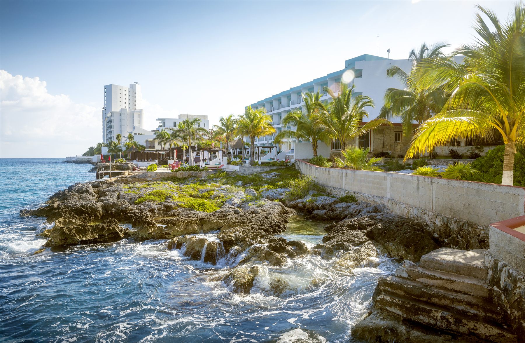 Waves breaking on a rocky shoreline below a palm-shaded hotel in Cozumel