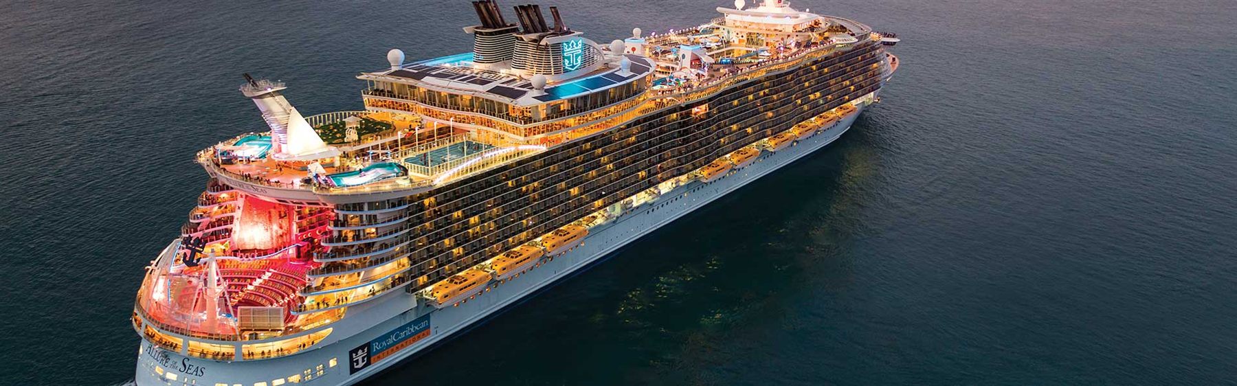 A large modern Caribbean cruise ship, Royal Caribbean’s Allure of the Seas